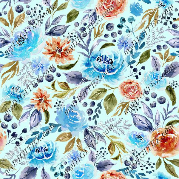 Floral Watercolor Garden V01 Light Blue Rev