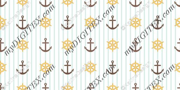 Nautical textile steering wheel and anchors with blue stripes. Marine and sailing fabric