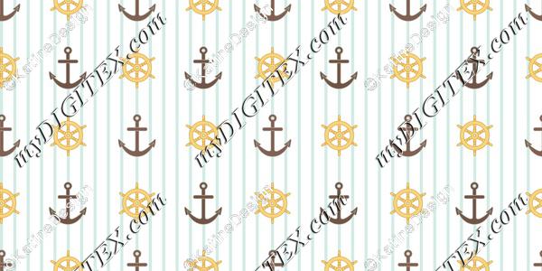 Nautical textile steering wheel and anchors with blue stripes. Marine and sailing fabric