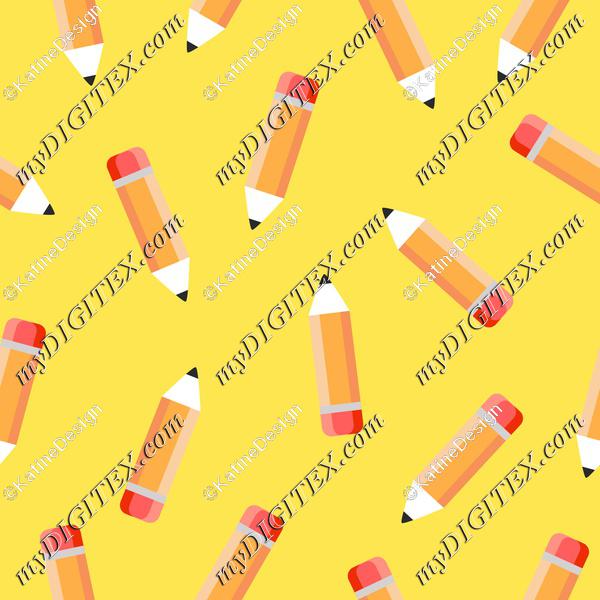 Cartoon pencil on yellow background. School fabric. Kidswear textile