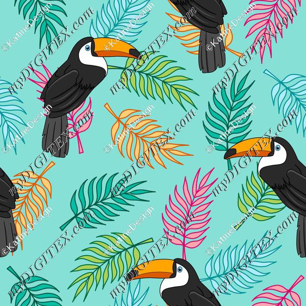 Tropical toucans on colorful palm tree leaves