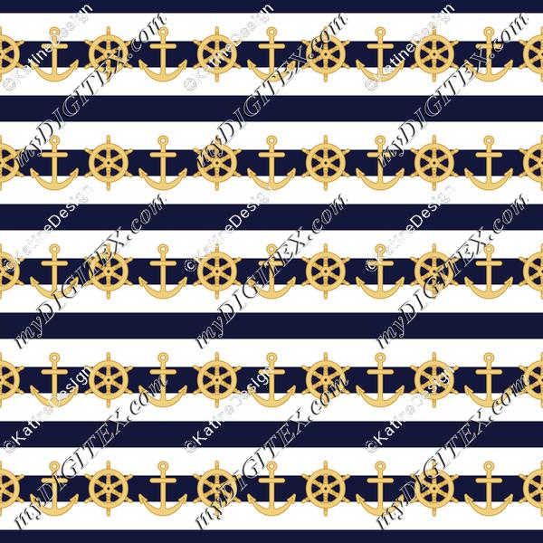 Nautical fabric with stripes steering wheel and anchor. Marine sailing textile