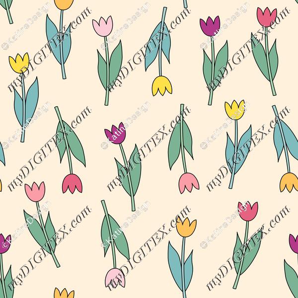 Pink, violet, yellow, orange tulips on pastel background