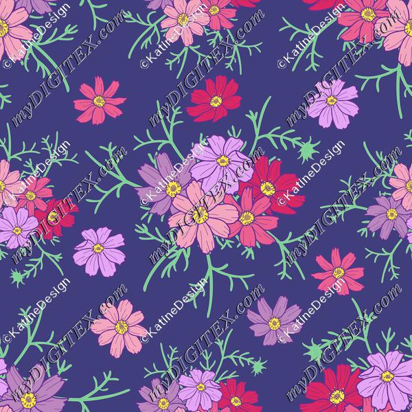 cosmos flowers on navy blue background. Floral fabric. Flowers textile