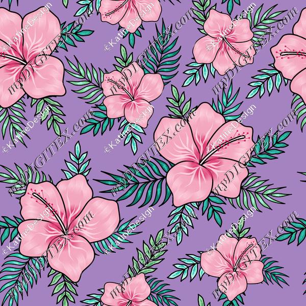 Pink hibiscus flowers with palm tree leaves on violet background. Floral fabric. Tropical textile