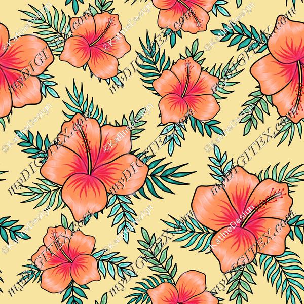 Orange hibiscus flowers with palm tree leaves on yellow background. Floral fabric. Tropical textile