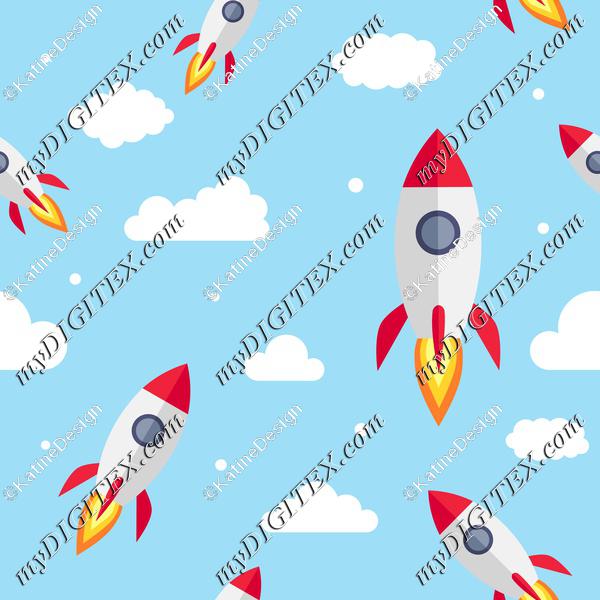 Cartoon rocket on the sky with clouds for kids Cosmos spaceship galaxy vehicle. Kidswear fabric. Children textile