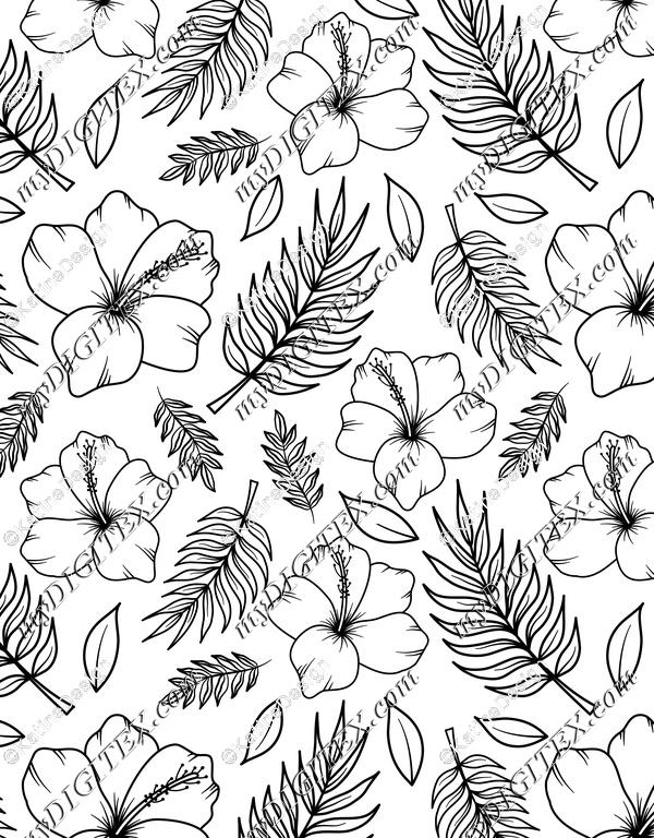 Black and white hibiscus flowers with palm tree leaves. Monochromatic tropical fabric. Summer textile