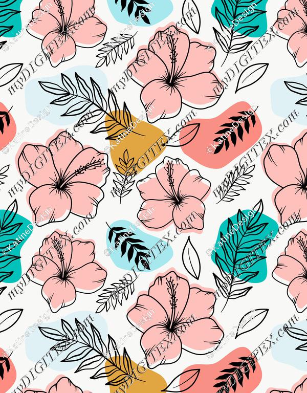 Hibiscus flowers with palm tree leaves. Tropical fabric with colorful abstract shapes. Summer textile