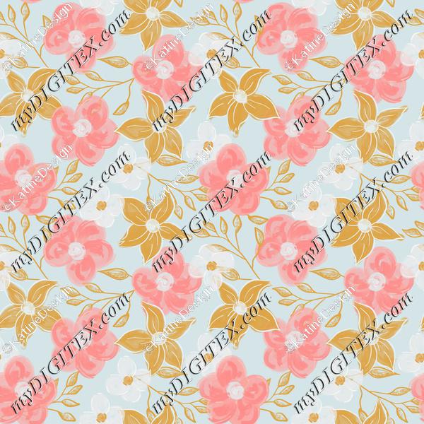 Abstract flowers pink yellow and white on light blue background textile. Floral fabric