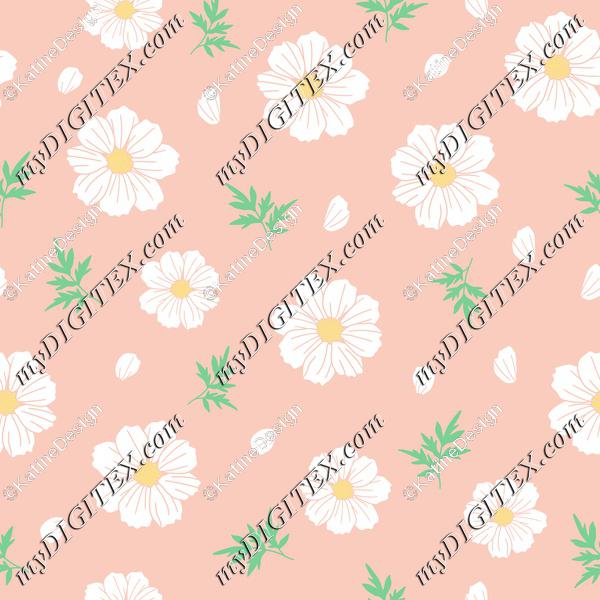 White cosmos flower with leaves and petals on peach background