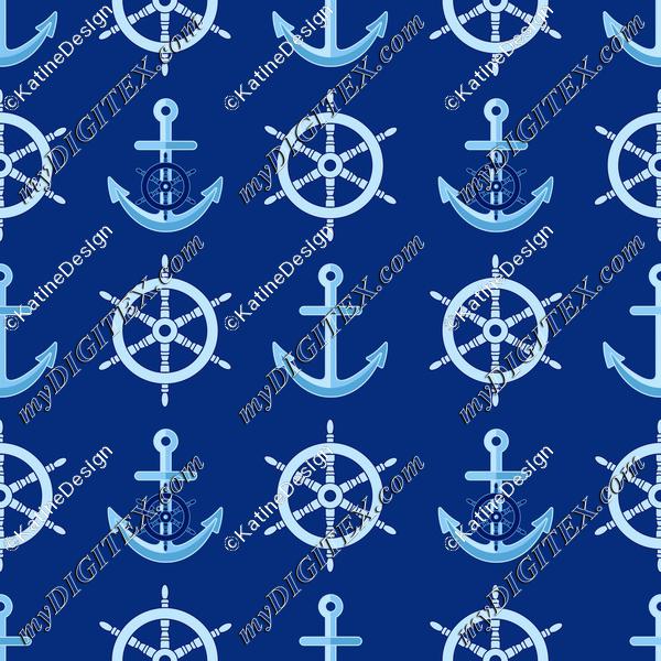 Nautical pattern with steering wheel and anchors on navy blue background