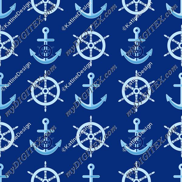 Nautical pattern with steering wheel and anchors on navy blue background