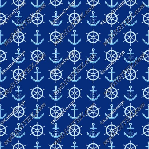 Nautical pattern with steering wheel and anchors on navy blue background