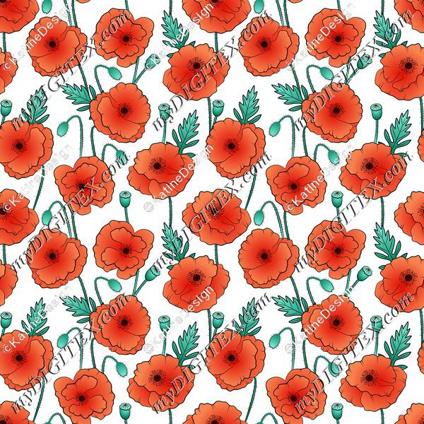Poppy flowers on white textile. Wildflowers fabric