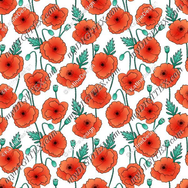 Poppy flowers on white textile. Wildflowers fabric