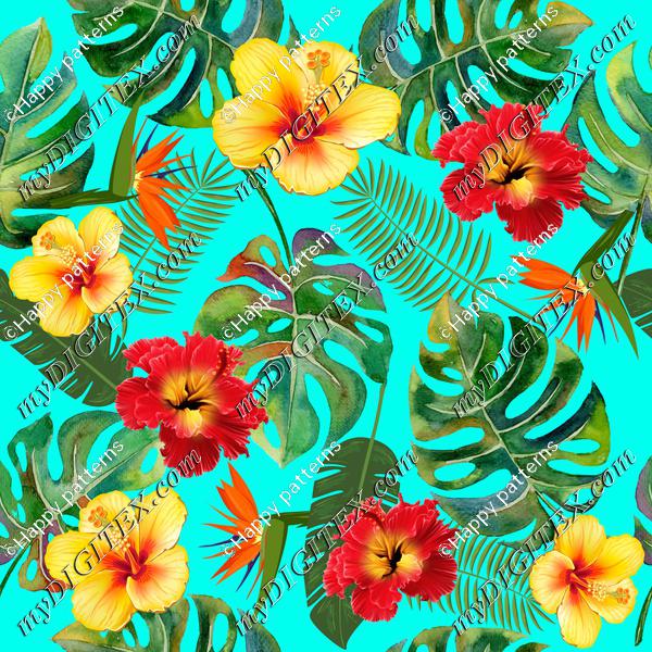 Tropical Leaves and Flowers on blue