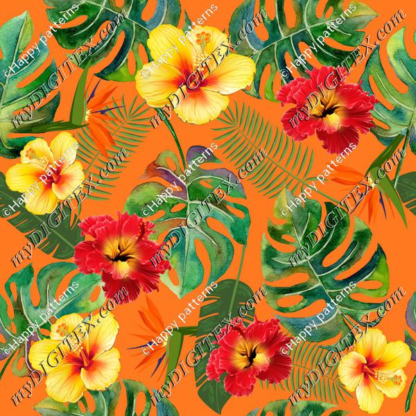 Tropical flowers and leaves on  orange