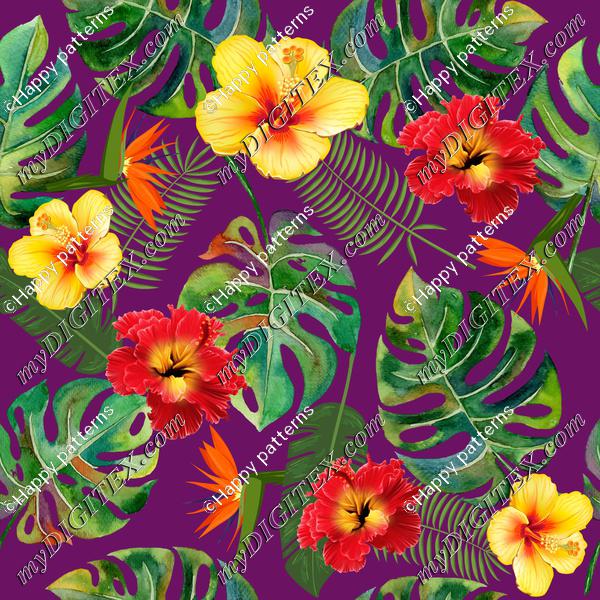 Tropical Leaves and fflowers on purple