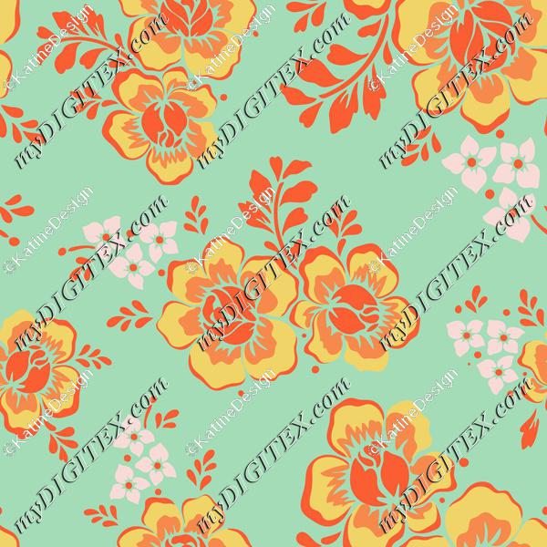 Chintz rose flowers yellow and orange on turquoise bakcground with violet ditsy florals