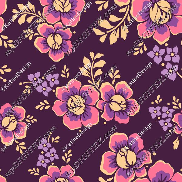 Chintz rose flowers yellow and pink on purple background with violet ditsy florals