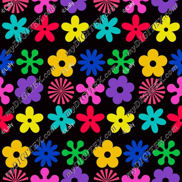 Colorful flowers on a black background pattern