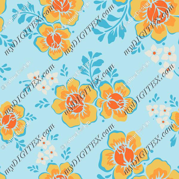 Chintz rose flowers yellow and orange on blue background with white ditsy florals