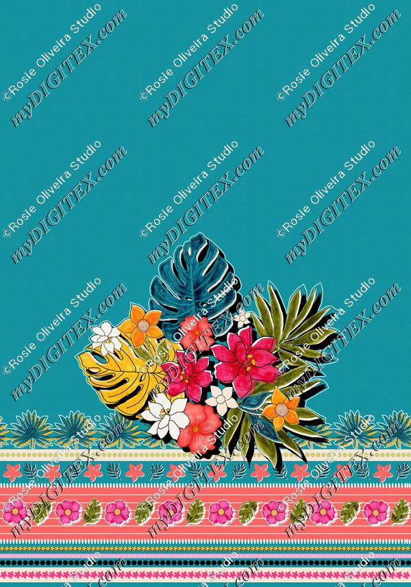 ROS100721FloralBloomingBlueBorder100%