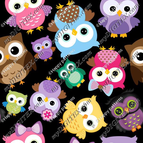 colorful owls on black