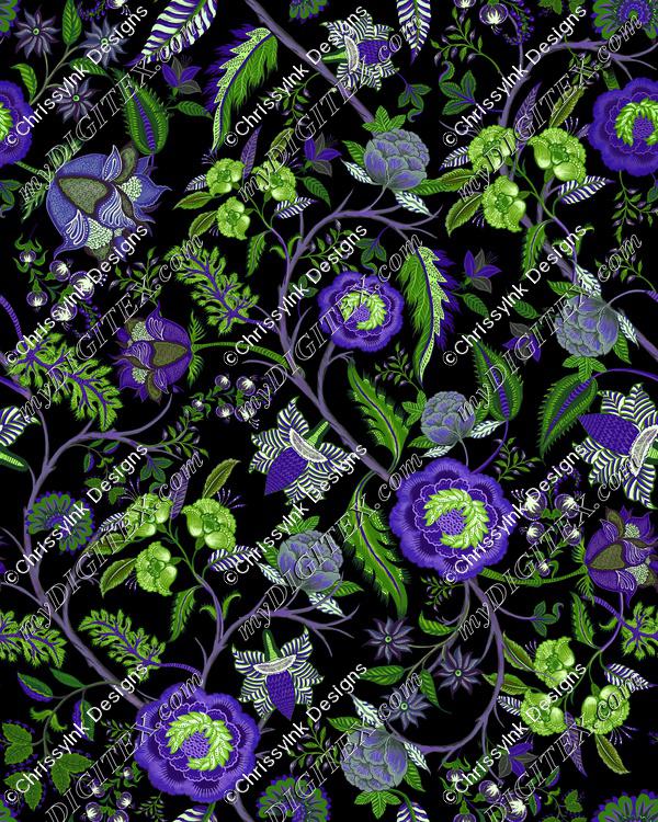 Chintz on black, purple and green