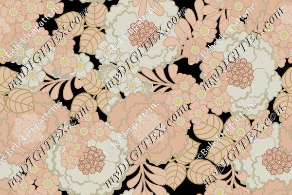 Big Bohemian bold Peony flowers in offwhite and pink on Black