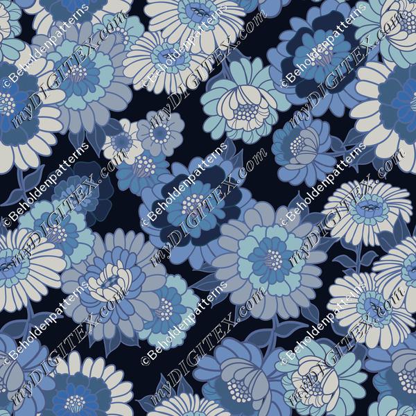 Vintage Wallpaper Flowers in Blue tonals- Navy background