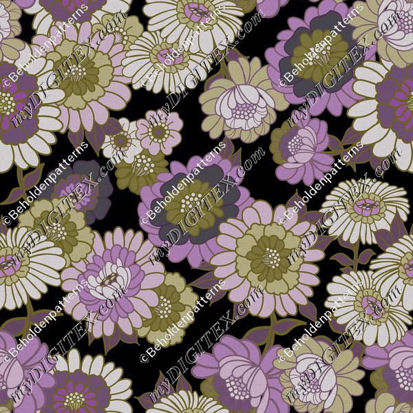 Vintage Wallpaper Flowers in Purple and Green tonals- Black background