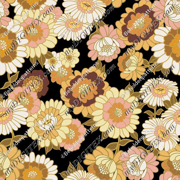 Vintage Wallpaper Flowers in Retro tones tonals- Black background