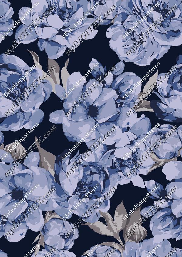 Big romantic dust blue peony flowers on Dark Navy background