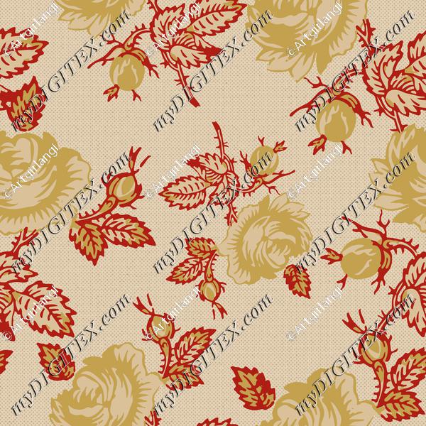 Roses Block Print Dots Retro 30's  Red Tan Gold