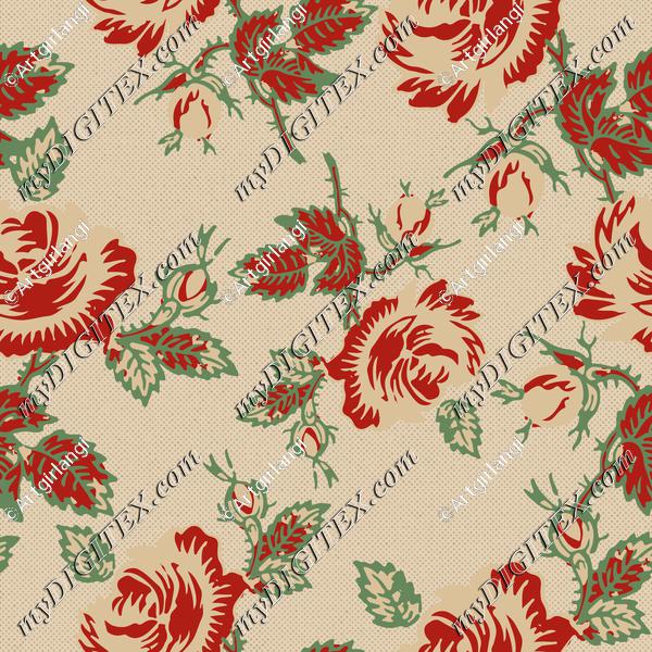 Roses Block Print Dots Retro 30's  Red Tan Green Gold