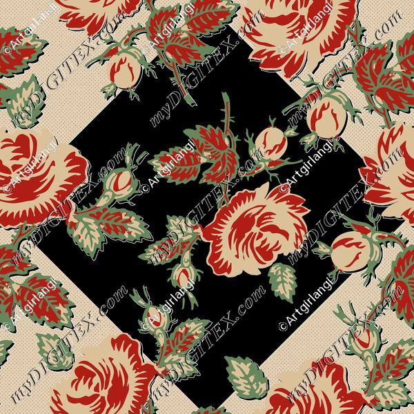 Roses Block Print Dots Retro 30's Black Shadow Red Tan Green Gold