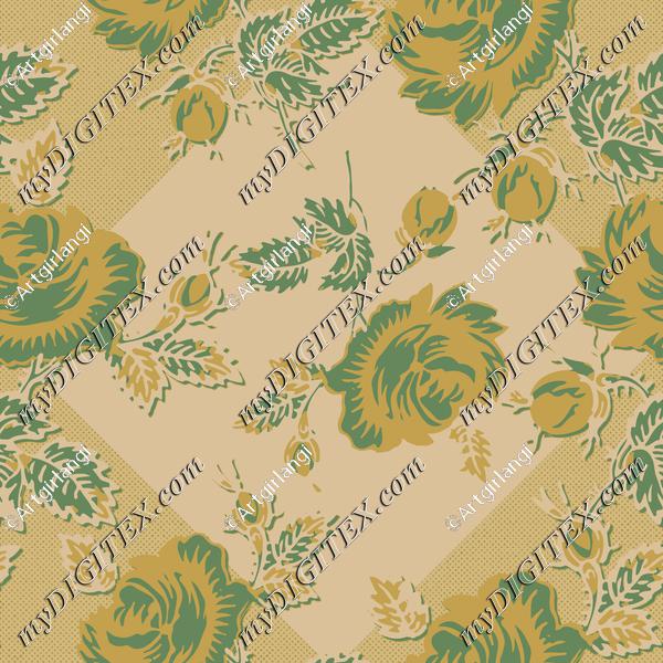 Roses Block Print Dots Retro 30's Gold Green