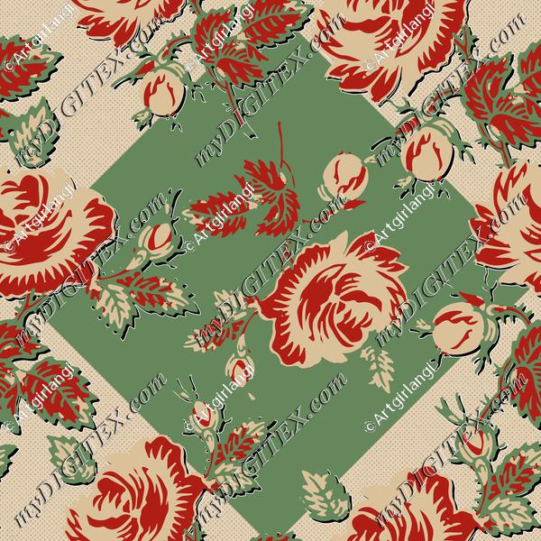 Roses Block Print Dots Retro 30's Green Diamond Black Shadow Red Tan Green Gold