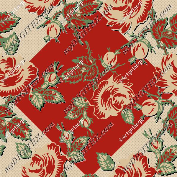 Roses Block Print Dots Retro 30's Red Diamond Black Shadow Red Tan Green Gold