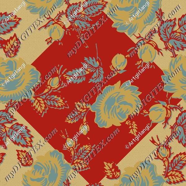 Roses Block Print Dots Retro 30's Red Teal Gold Green