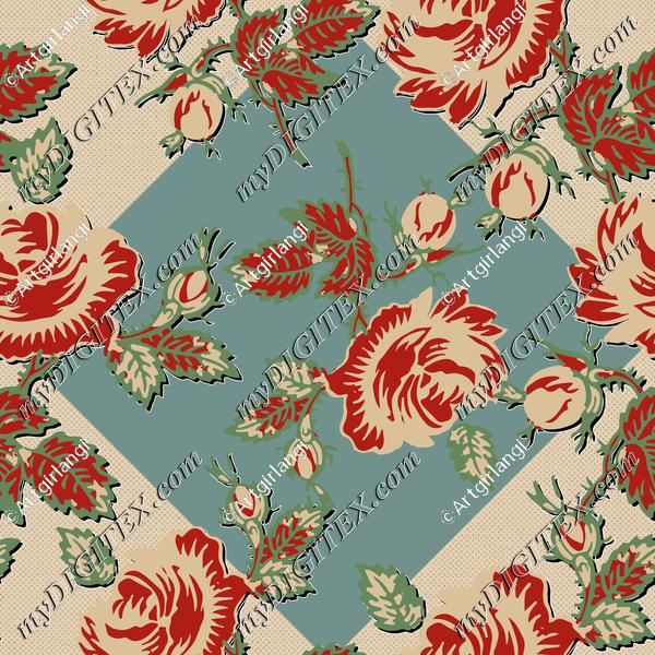 Roses Block Print Dots Retro 30's Teal Diamond Black Shadow Red Tan Green Gold