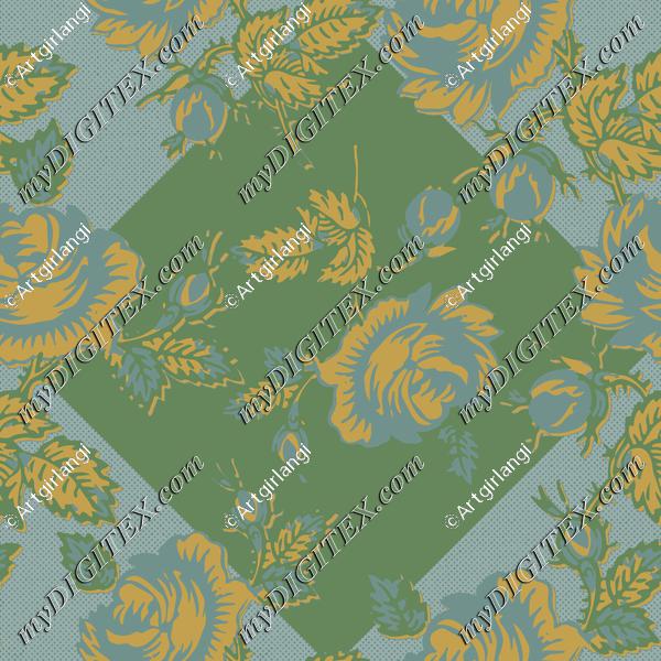 Roses Block Print Dots Retro 30's Teal Gold Green