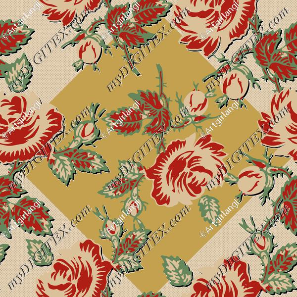 Roses Block Print Dots Retro 30's Yellow Diamond Black Shadow Red Tan Green Gold