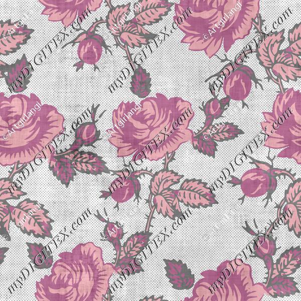 Roses Block Print Dots Retro 50's Raspberry Red Pink Black