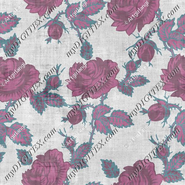 Roses Block Print Dots Retro 50's Raspberry Red Pink Teal