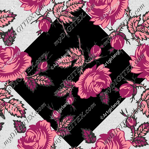 Roses Block Print Retro 50's Raspberry Red Pink Black