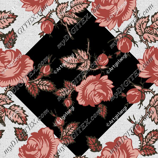 Roses Block Print Retro 50's Red Pink Black