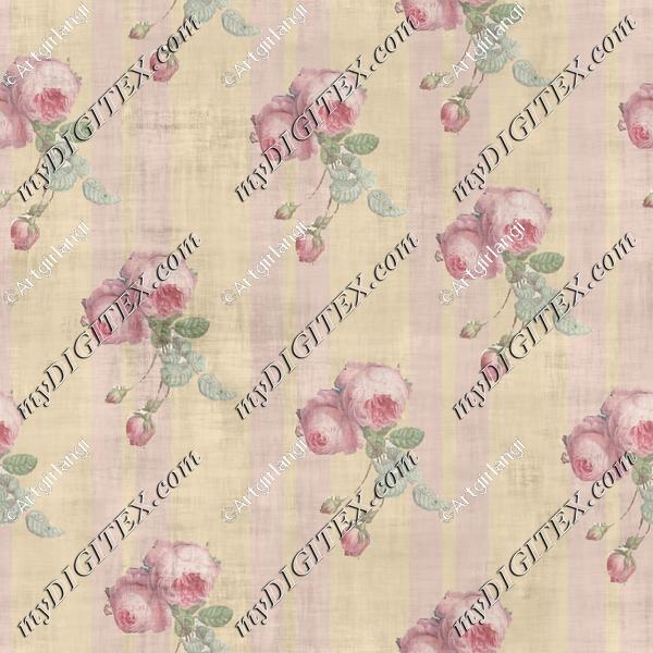 Floral Bouquet with Light Pink Stripe Small Rose Pattern
